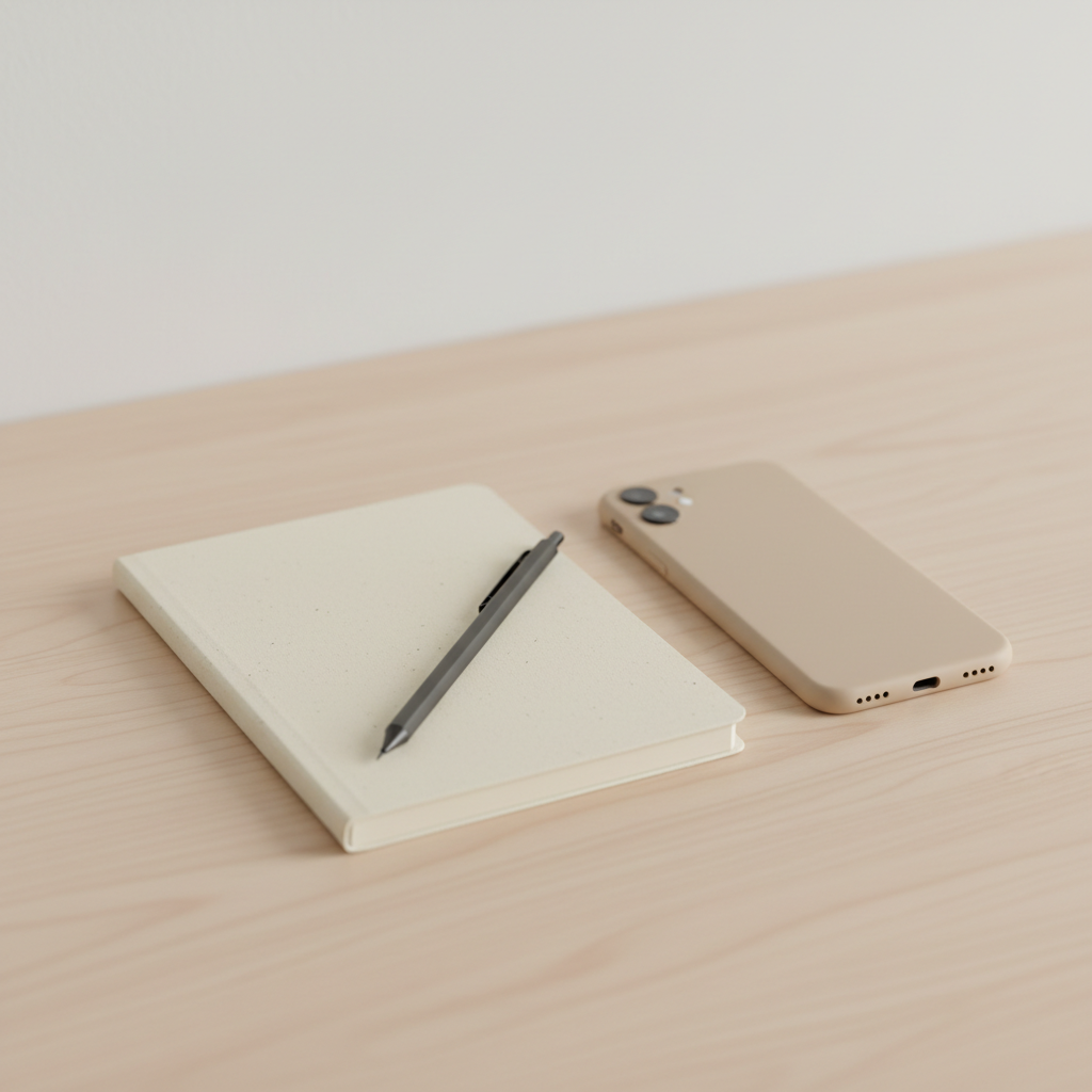 A small collection of carefully arranged everyday objects reduced to essentials: a slim graphite mechanical pencil, a single cream-colored notebook with rounded corners, and a compact sand-colored smartphone with no visible branding, all resting on a pale birch wood surface. The background fades into a smooth off-white wall with no decorations. Diffused overcast light from above creates soft, almost shadowless illumination, emphasizing subtle textures in paper and wood. Photographic realism with a slightly elevated angle and shallow depth of field brings playful focus to the objects, suggesting optimized tools ready for a minimalist productivity “XP run.”
